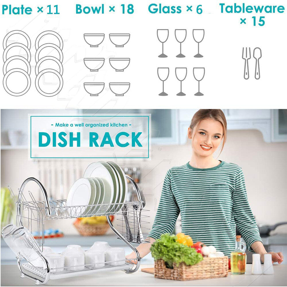 2 Tier Dish Drying Rack Drainer Cup Plate Holder Cutlery Tray Kitchen Organizer