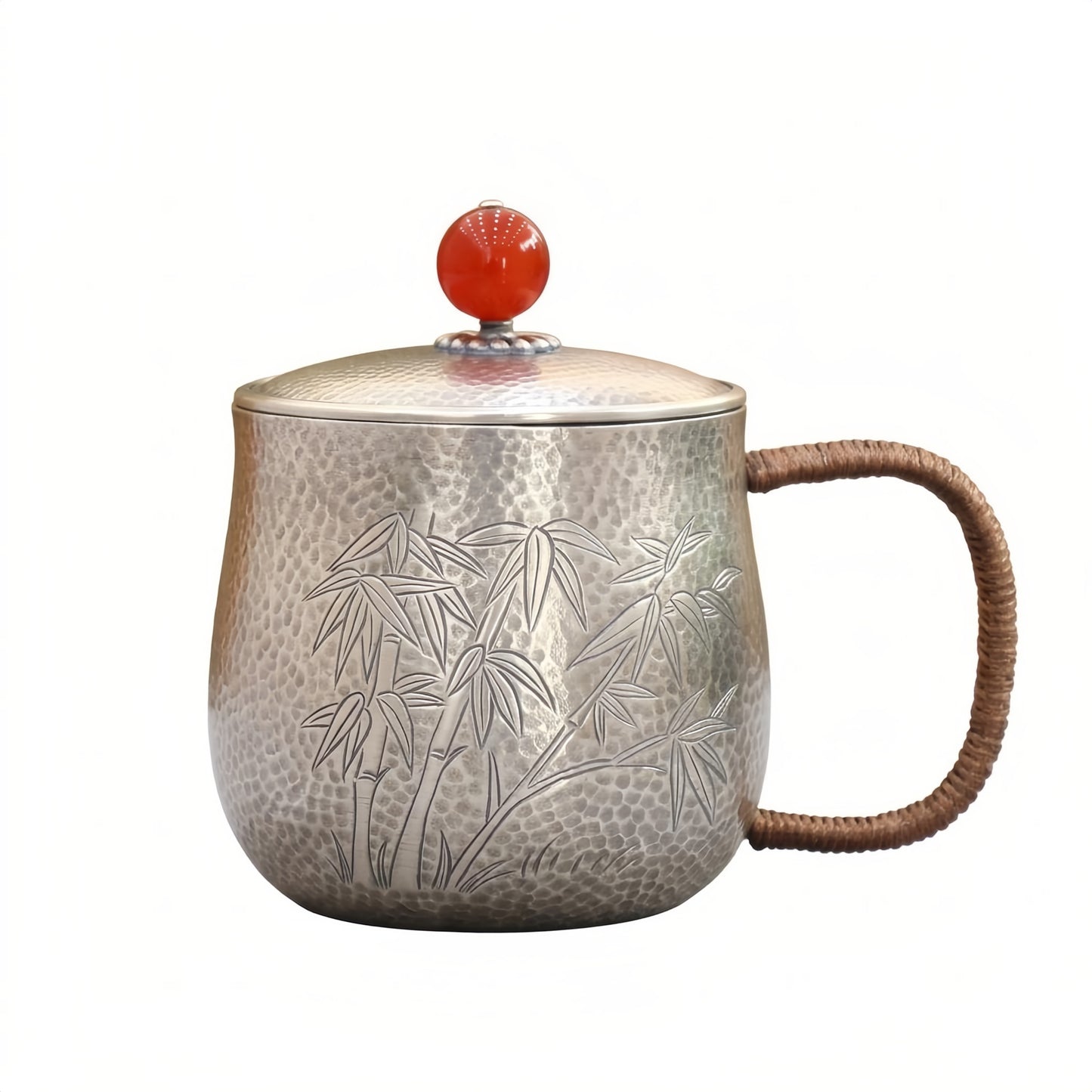 Pure 999 Fine Silver Handcrafted Silver Tea Mug with Hammered Texture, Bamboo Engraving, and Red Finial - Handicraft