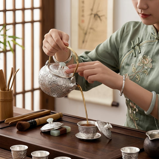 925 Sterling Silver Handcrafted Silver Tea Kettle Featuring Intricate Floral Relief and Jade Accents - Handicraft