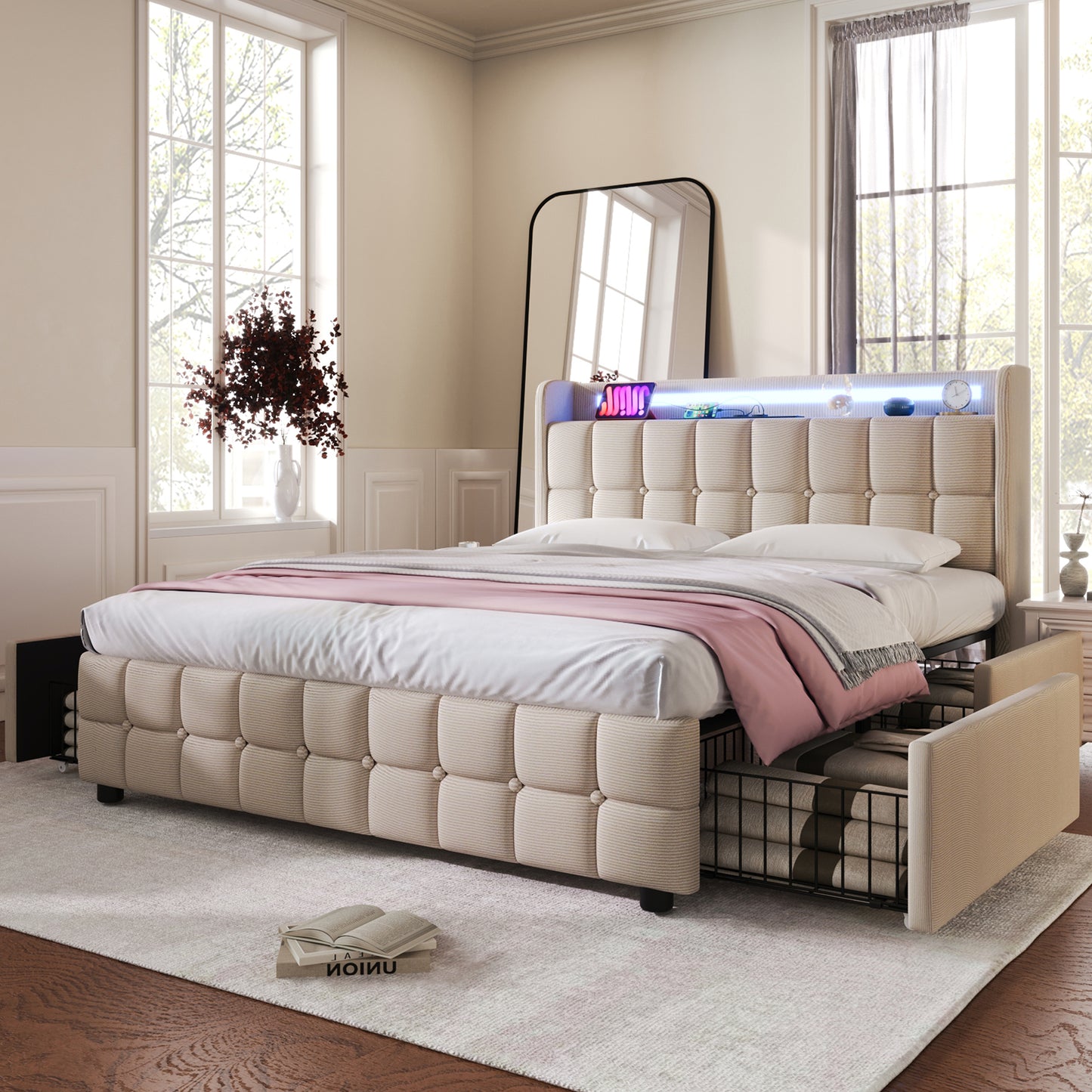 Sofa Bed With USB Charging Function, Headboard And LED Lighting And 4 Drawers, Double Bed 180x200cm, Storage Bed Frame, Wooden Spring Bed, Beige Without Mattress