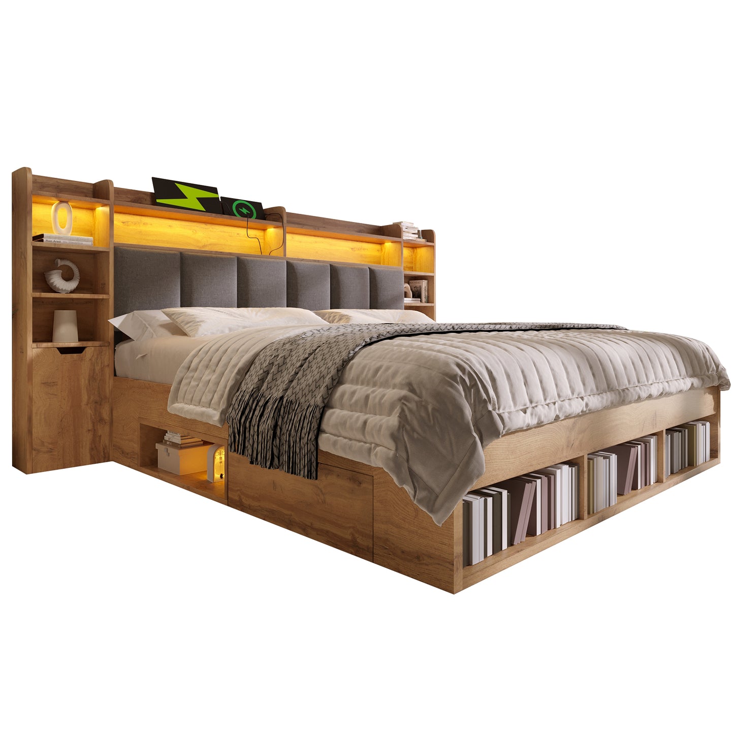 160x200 Cm Double Bed System Bed, Oak Coloured, Upholstered Headboard With LED Lighting, Bedside Tables With USB And Type-C Ports, Storage Space And Sliding Drawers, Wooden Slatted Base Without Mattr