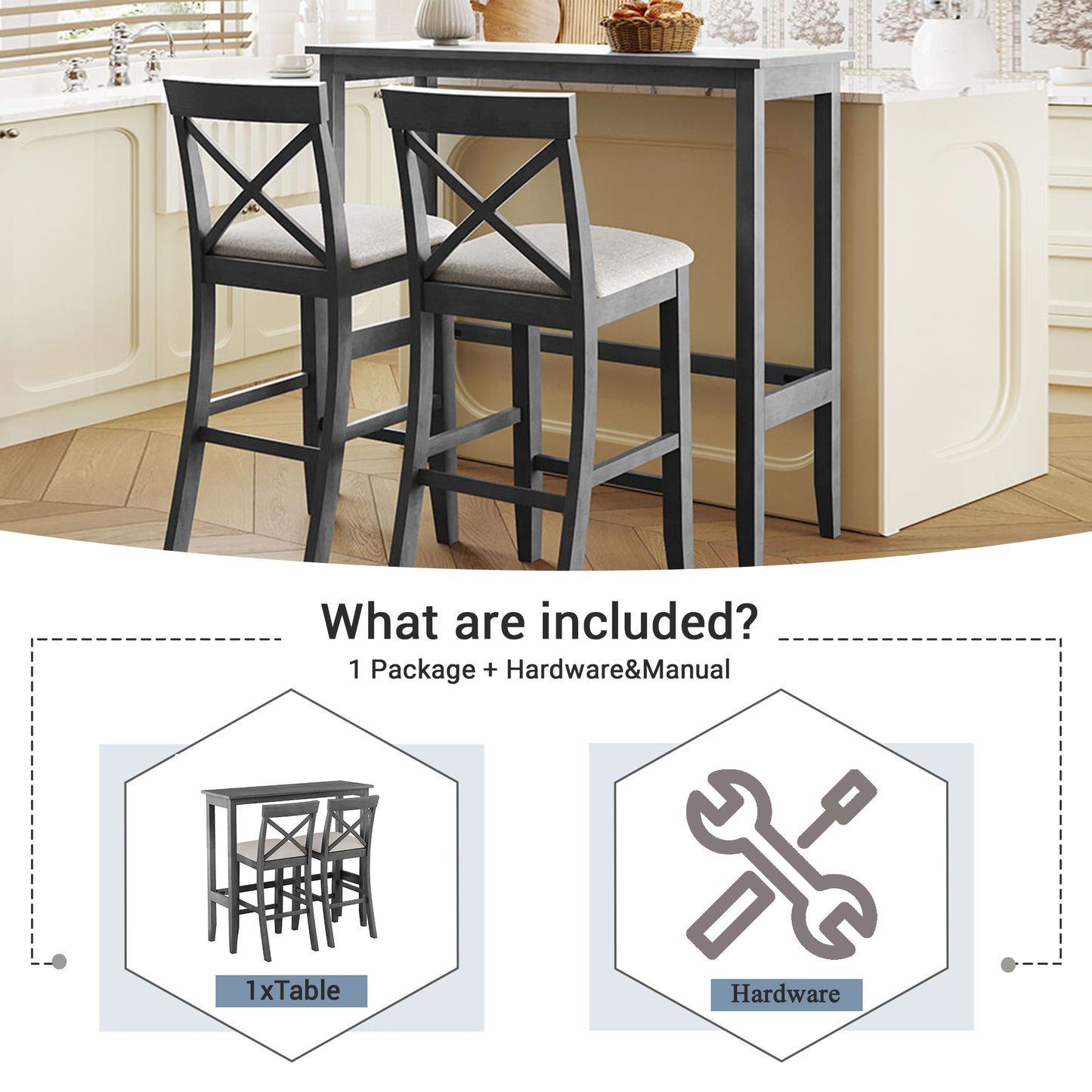 TOPMAx Farmhouse 48 Rectangular Wood Bar Height Dining Set Kitchen Breakfast Nook With 2 Chairs For Small Places Gray Beige