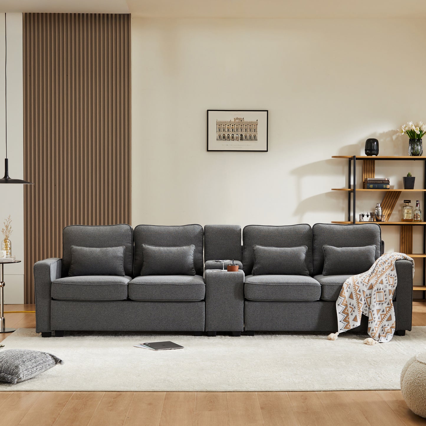 Modern 4 Seater Sofa In Linen Fabric With Console, 2 Cup Holders, 2 USB Ports For Charging With Cable, With Armrest Pockets And 4 Cushions, Simple Sofa For Living Room, Apartment, Office