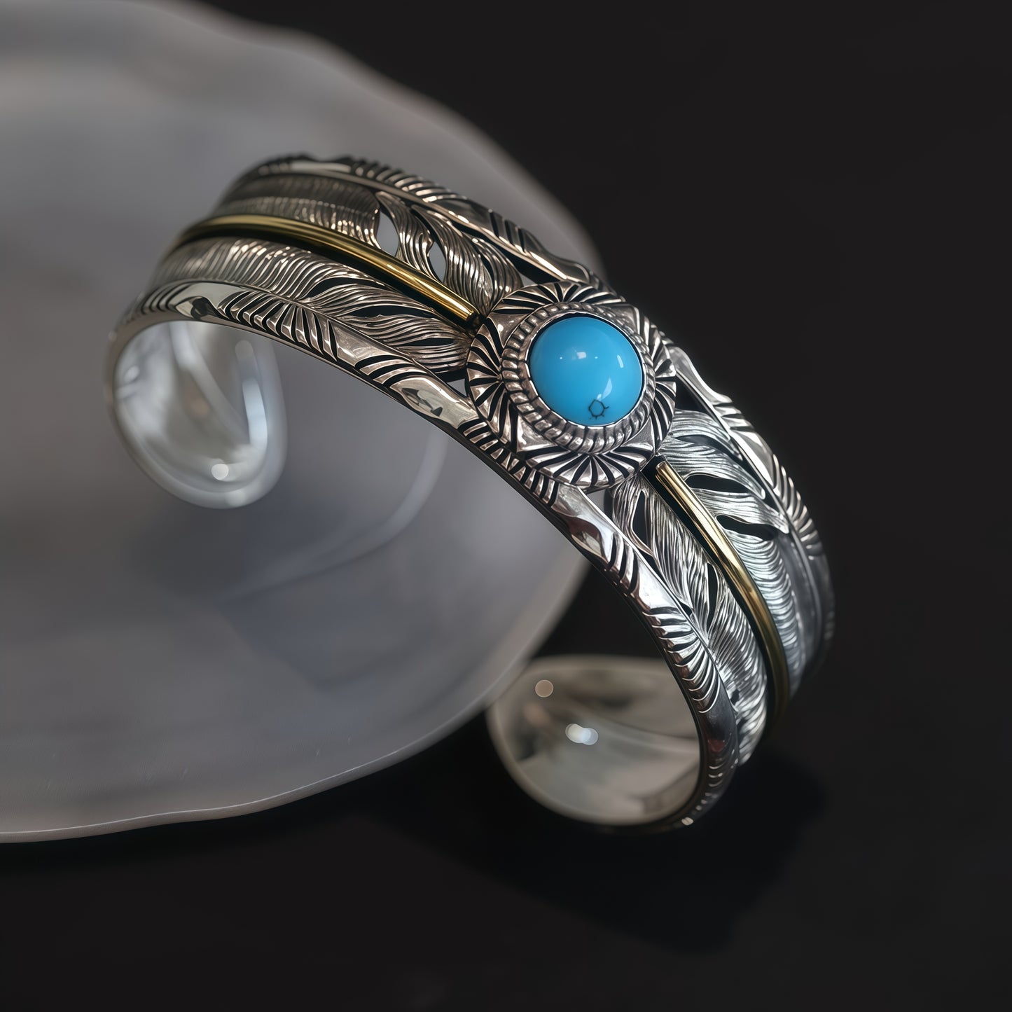 Vintage Native Feather Turquoise Open Cuff Bangle For Men Women, Copper Plated Silver Two-Tone Oxidized Western Tribal Adjustable Wrist Jewelry Gift