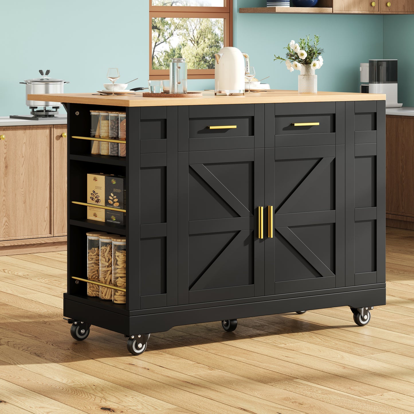 Modern Kitchen Island, Kitchen Cabinet, Buffet Cabinet, Wooden Grain Dining Cart, Buffet Cabinet, Multifunctional Dining Table With Storage Space, Dining Cart With Stretch Function Cabinets, Black