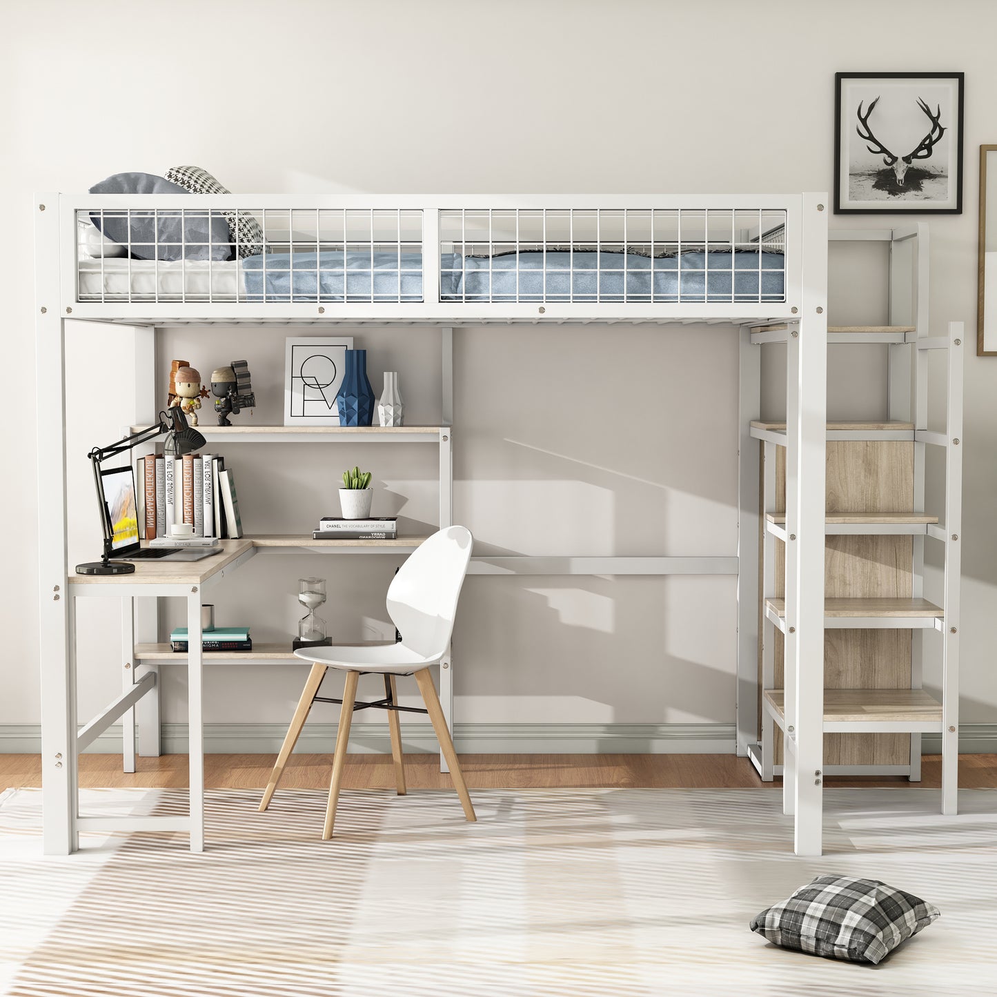 Loft Bed, 140x200 Cm, Iron Bed, Storage Ladder, Several Shelves, Without Mattress, Built-in Wardrobe, Desk, White