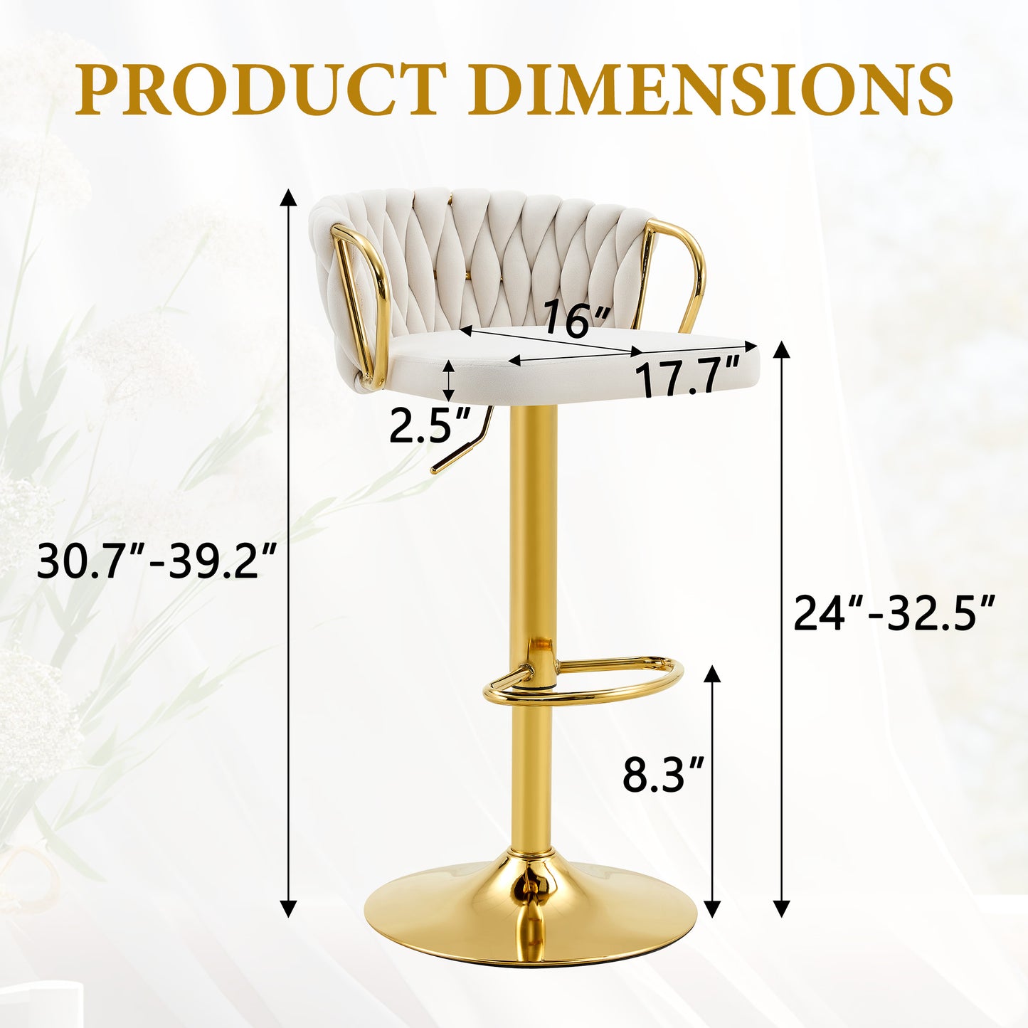 Set Of 2 Modern Luxury Velvet Braided Bar Stool With Adjustable Height, Gold Metal Base & Woven Rope Backrest, Upholstered Swivel Bar Chair For Kitchen Island Or Home Bar-Beige