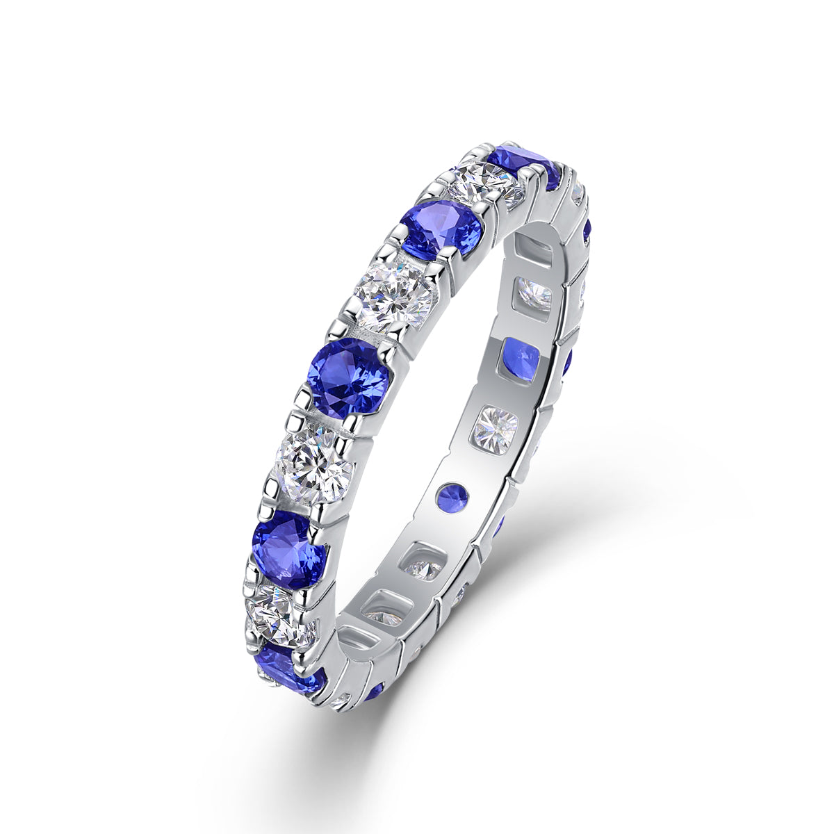 2.4g S925 Sterling Silver Platinum Plated Ring  Synthetic Blue Sapphire & White Stone Alternating Eternity Band, Dainty Promise Ring For Women, Jewelry Gift Box Set