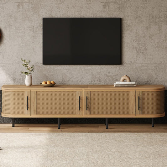 70inch Modern TV Stand with Rattan Doors for TVs up to 80", Media Console with Storage Space & Cable Holes, Entertainment Center for Living Room