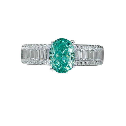 Fashion Light Luxury Oval Ice Flower Cut Paraiba Tourmaline Ring For Women, Inlaid High Carbon Diamond, Simple Elegant Daily Versatile Finger Jewelry