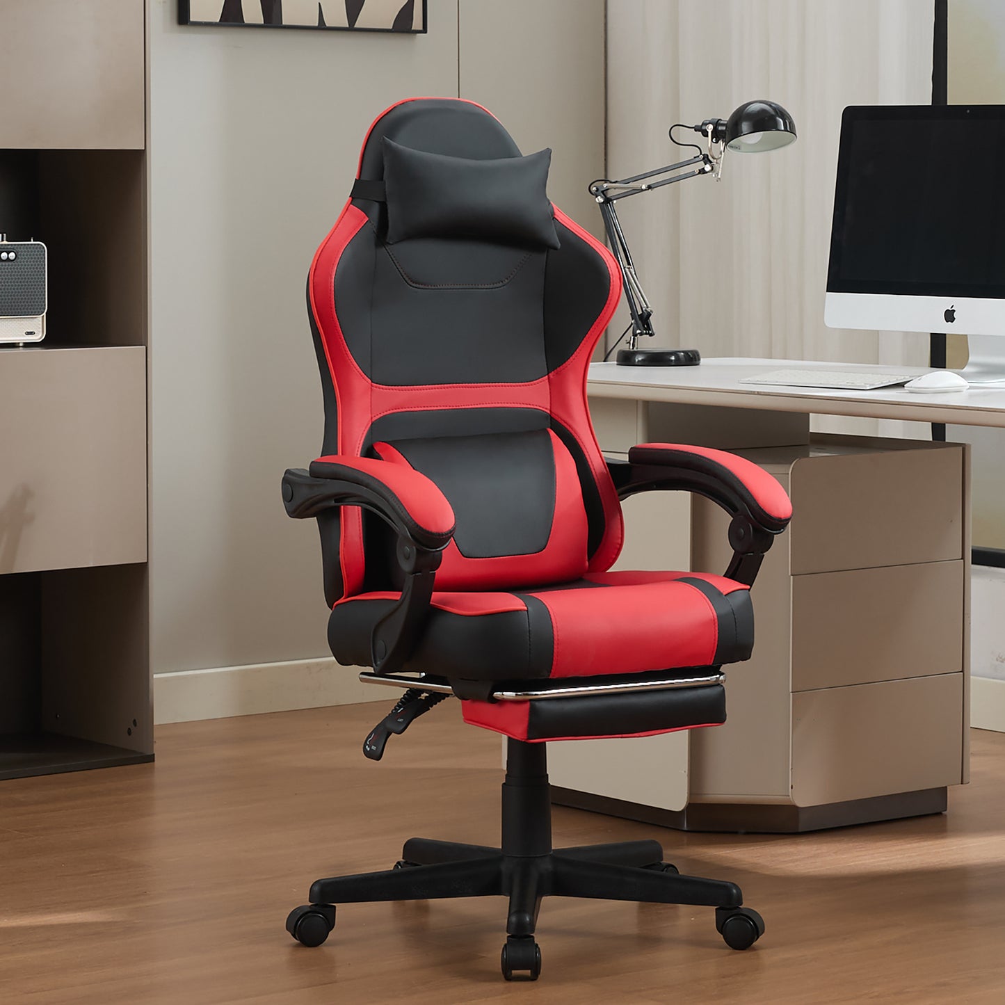 Ergonomic Gaming Chair In Black And Red, Equipped With An Extendable Footrest And A Double Cushion For The Lumbar Area - Ideal For Home Office And Relaxation Breaks