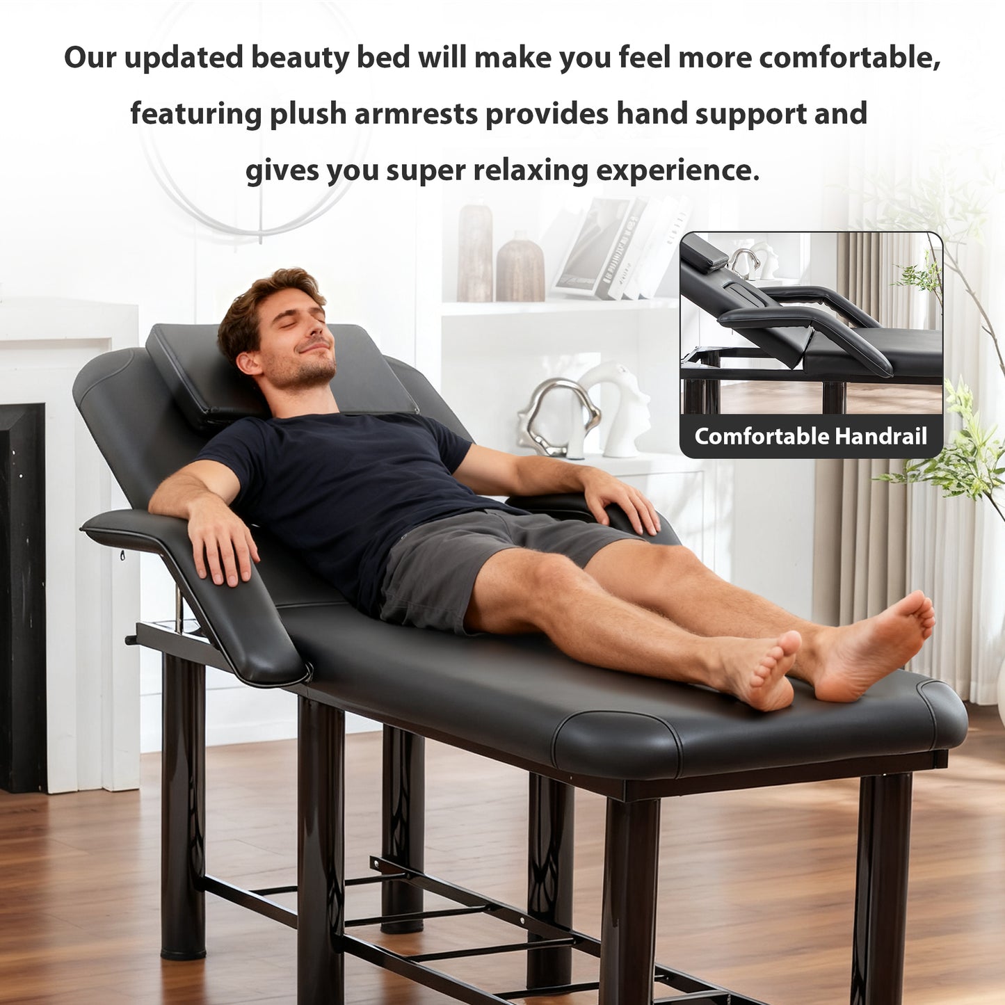 Professional Black Beauty Bed With Removable Headrest & Breast Cushions, Armrests And Storage Shelf For Massage, Facial, Tattoo & Spa
