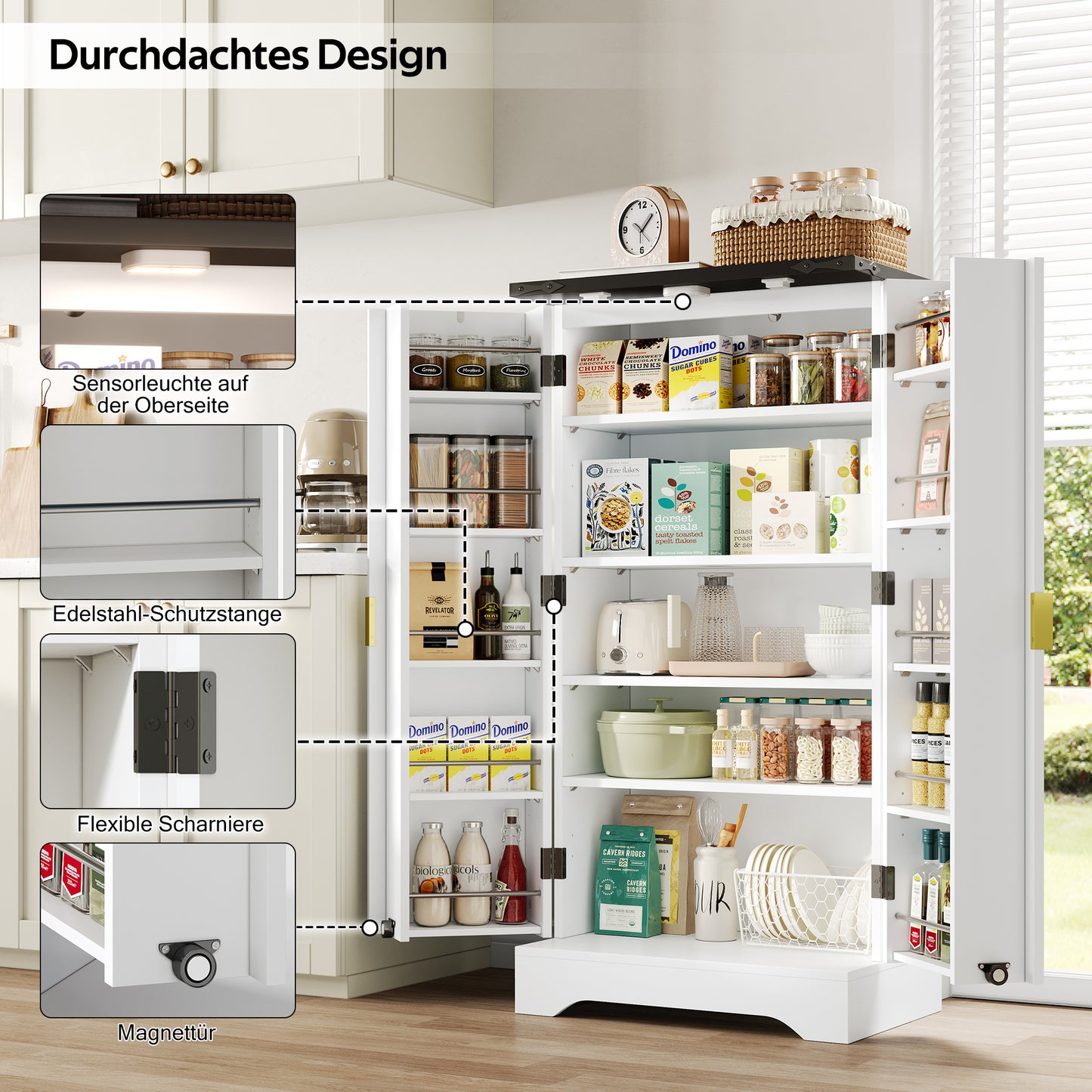 Kitchen Cabinet With LED Sensor Light And Spice Rack, Generous Double Door Cabinet With Adjustable Shelves And Modern Door Design  White, 120 X 60.5 X 40 Cm