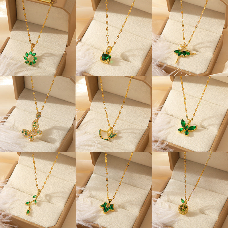 Green Glass Stainless Steel Necklace, Versatile And High-End Women's Accessory, Stylish And Simple Clavicle Chain Jewelry