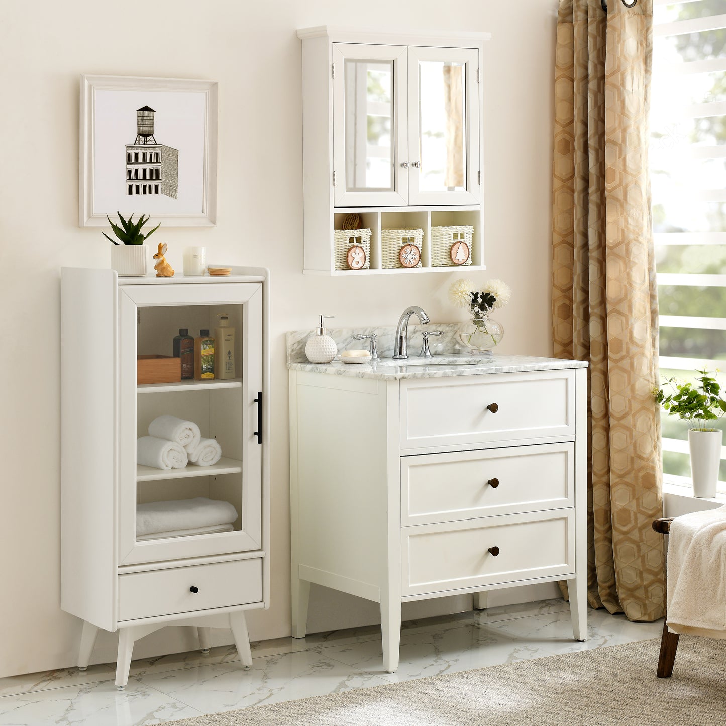 Bathroom Storage Cabinet, Medicine Cabinets For Bathroom With Mirror, 2 Doors 2 Adjustable Shelf  3 Christmas Style Storage Basket, White Wood Cabinet Wall Mounted For Bathroom Laundry Room Kitchen