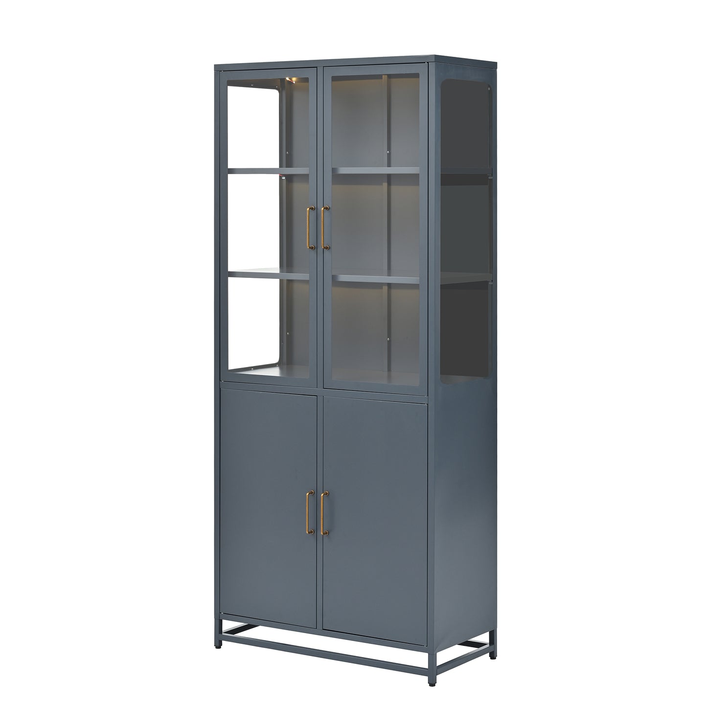 76.75  Tall Display Cabinet, With Glass Doors And LED Lights, Steel Curio Cabinet With 3-Sided Glass, Pantry Cabinet With Storage For Hallways, Livingroom Kitchen Home Decor & Office - Dark Blue