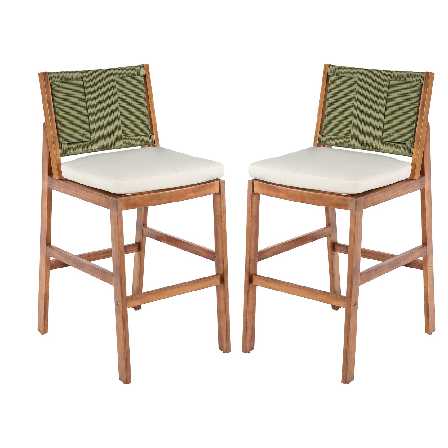 Outdoor Acacia Wood Bar Stools  Set Of 2 , Teak Finish Bar Height Chairs With Cream Cushion & Green Wicker Back, Counter Height Stools For Patio, Poolside, Kitchen Island