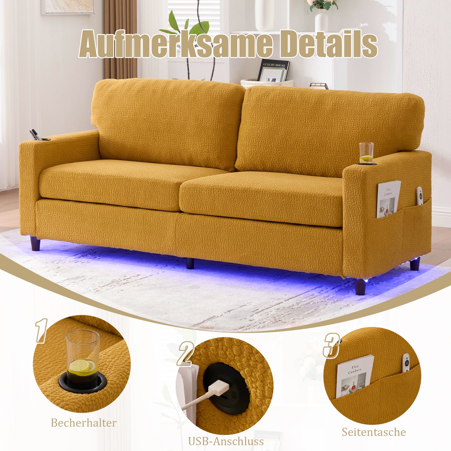 Modern 2-person Chenille Sofa With USB-C, LED Ambiance, Cup Holders And Side Pockets. Wood Metal Frame With Comfort Foam. Ideal For Living Room, Bedroom Or Office. Mustard Yellow