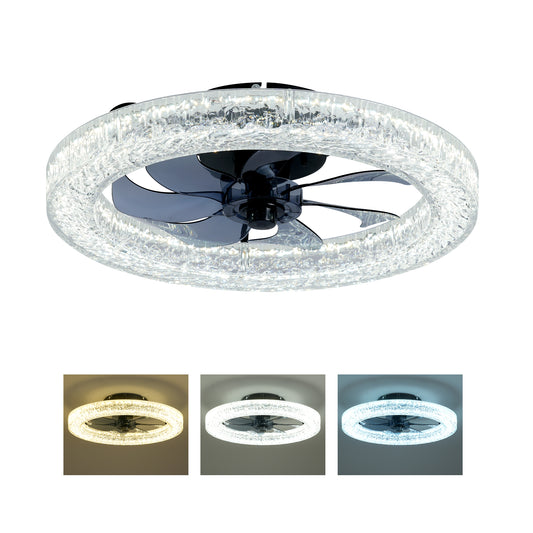 Acrylic Ice Brick Fan Light ,LED Light Source And Remote Control, 3000-6500K Dimmable Modern Flush Mount LED Fan Light, 6 Speeds, Quiet DC Motor For Living Room, Bedroom,Kitchen----Matte Black