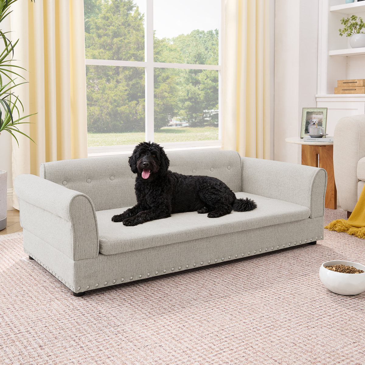 Oversized Pet Sofa ,Elegant Modern Linen Fabric Elevated Dog Sofa Bed, Comfortable Oversized Rectangular Pet Bed With Backrest & Armrest For Large & Oversized Dogs-Beige