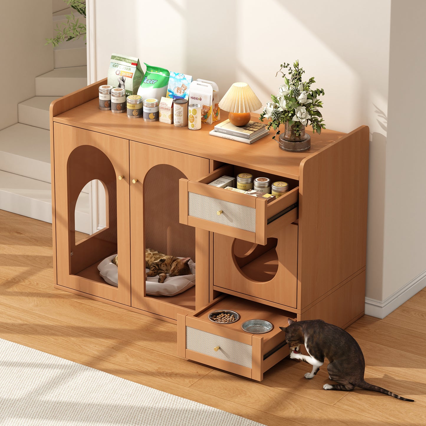 Multi-purpose Cat House & Litter Box Cabinet  Pet-friendly Side Cabinet With Food Bowls, Cat Rest Room, Storage Area  Without Litter Box & Cat Cushion , Walnut Colours, 120x45x83 Cm