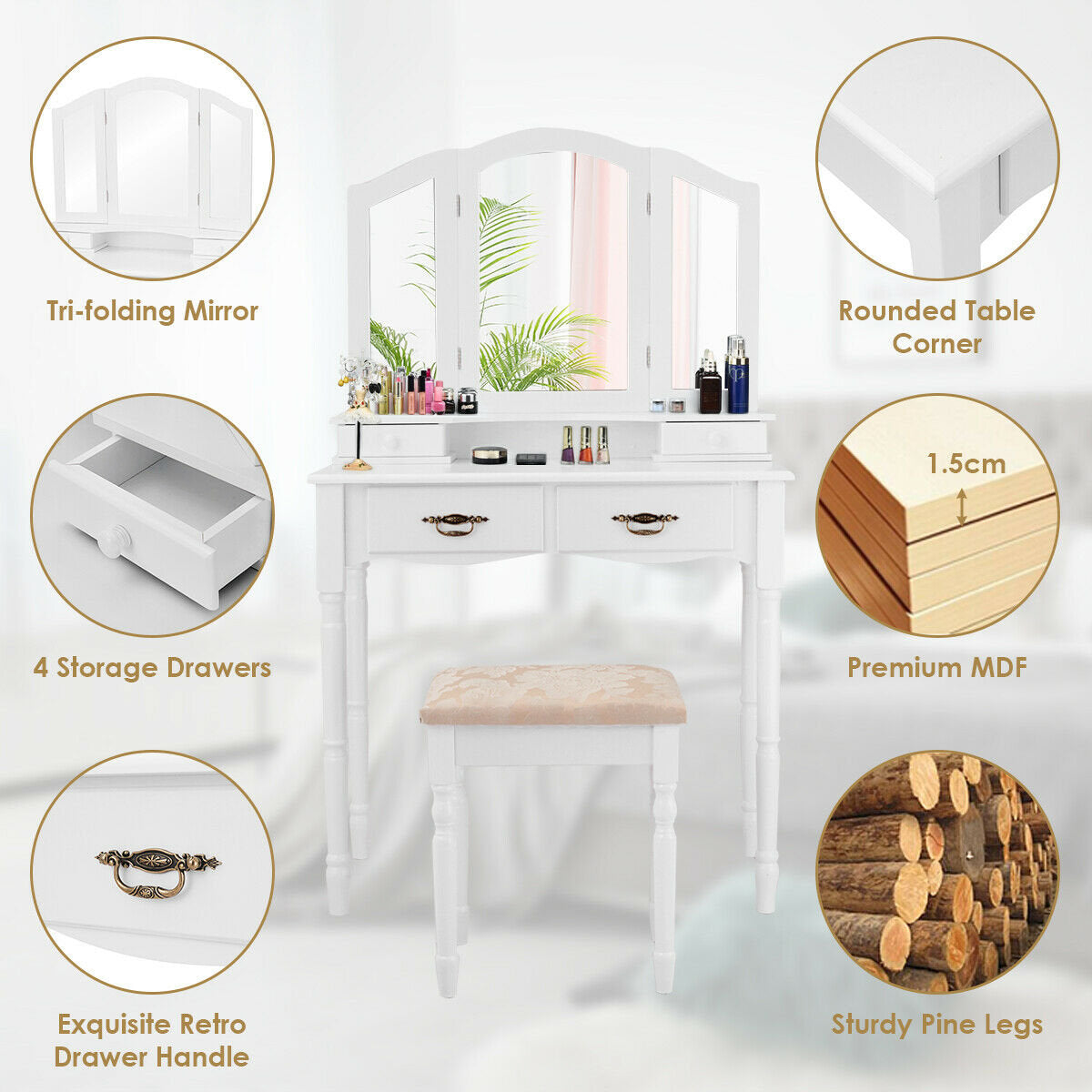 Simple Vanity Set With Tri-Folding Mirror Drawers And Storage Shelf-White