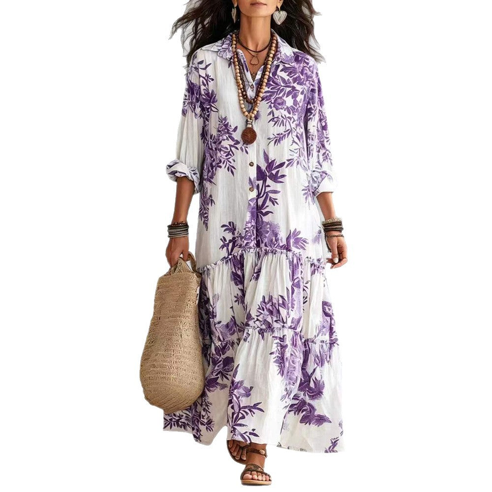 New Womens Casual Long-sleeve Lapel Dress
