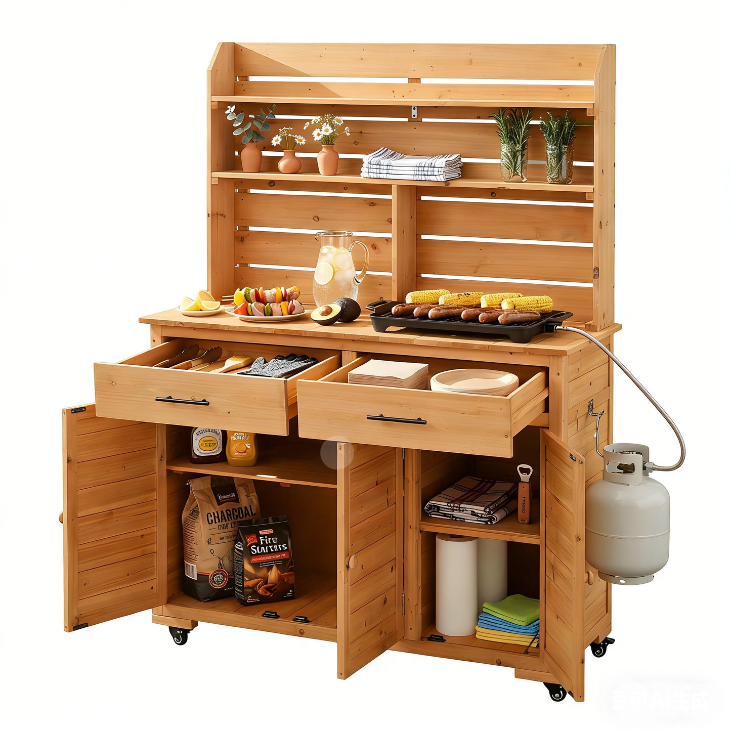 Assembly Video- TOPMAx 65 H Large Garden Potting Bench With Lockable Wheel And Storage Cabinet  Wood Outdoor Kitchen Island Prep Cart With Hutch Top  Drawers And Removal Shelves For Grilling  Natural
