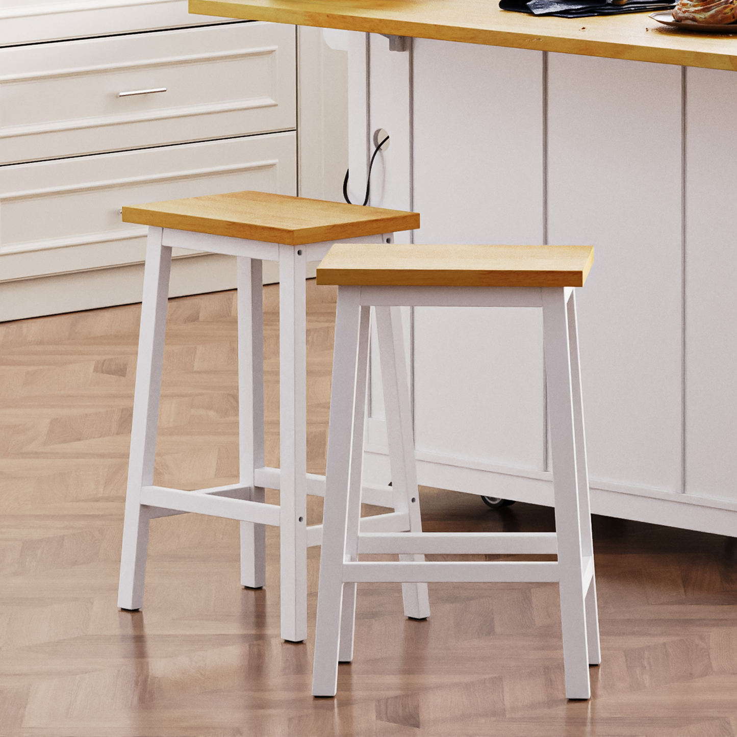 K&K Solid Wood Bar Stools  Not Cheap Iron , 25.6  Tall Set Of 2 Bar Chairs, Kitchen Counter Stools With Footrests, Farmhouse Stools For Dining Room, Kitchen, Counter, White