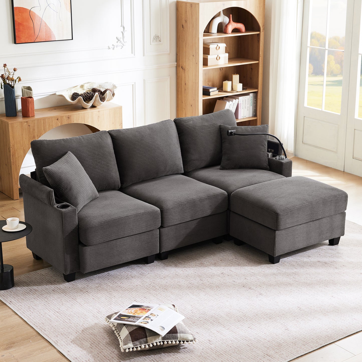 L-Shaped Corner Sofa,Convertible 3 Seater Sofa With Footstool, Cup Holder, USB Charger, Armrest Rest And 2 Cushions, Suitable For Living Room-Office-Apartment, Dark Gray
