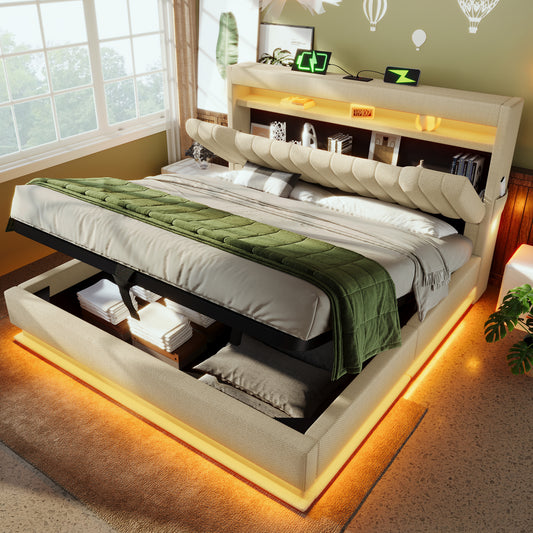 Upholstered Bed 180 X 200 Cm With LED Lighting, USB Type-C Charging, Storage Headboard For Cellphones And Tablets, 6ft Hydraulic Storage Bed With Metal Slatted Frame, Linen, Beige   No Mattress