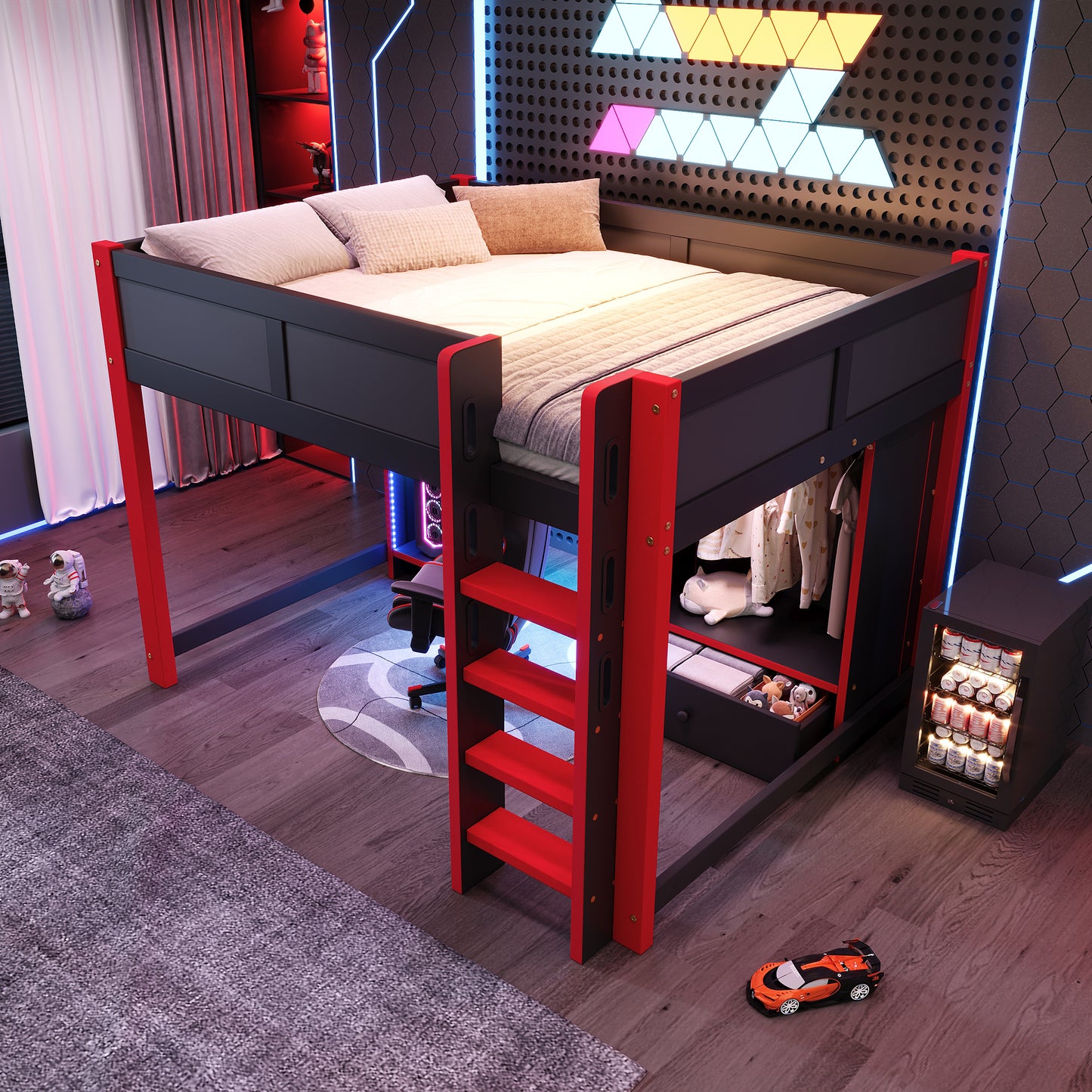 Loft Bed, 140x200 Cm, With LED Lighting, Gaming Bed With Desk, Desk, Ladder, Wardrobe, Large Drawers, Mattress Not Included, Black  Red