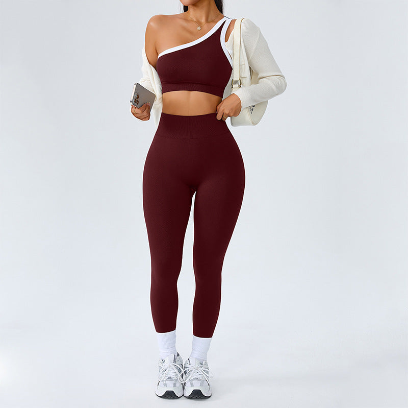 Sports One-Shoulder Beautiful-Back Bra Fitness Outdoor Tight-Fitting Set