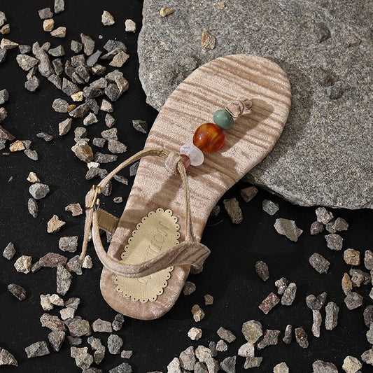 Retro Woven Bead Clip Toe Herringbone Sandals For Women's Summer New Fashion Beach Shoes Agate Slippers