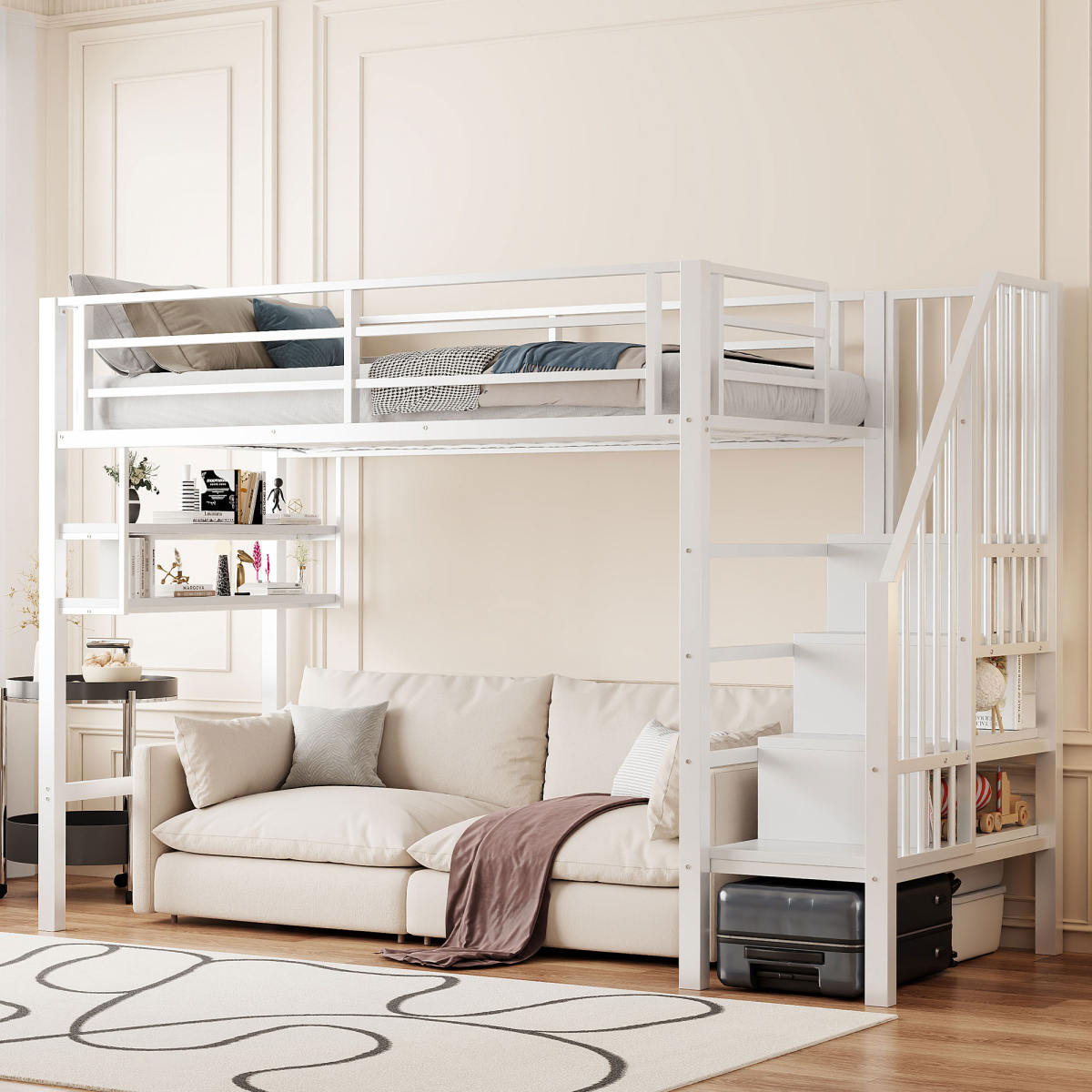 Loft Bed, 90x200cm , Shelves, Storage Ladder, Free Space Under The Bed For Dressing, Railing, Without Mattress, White