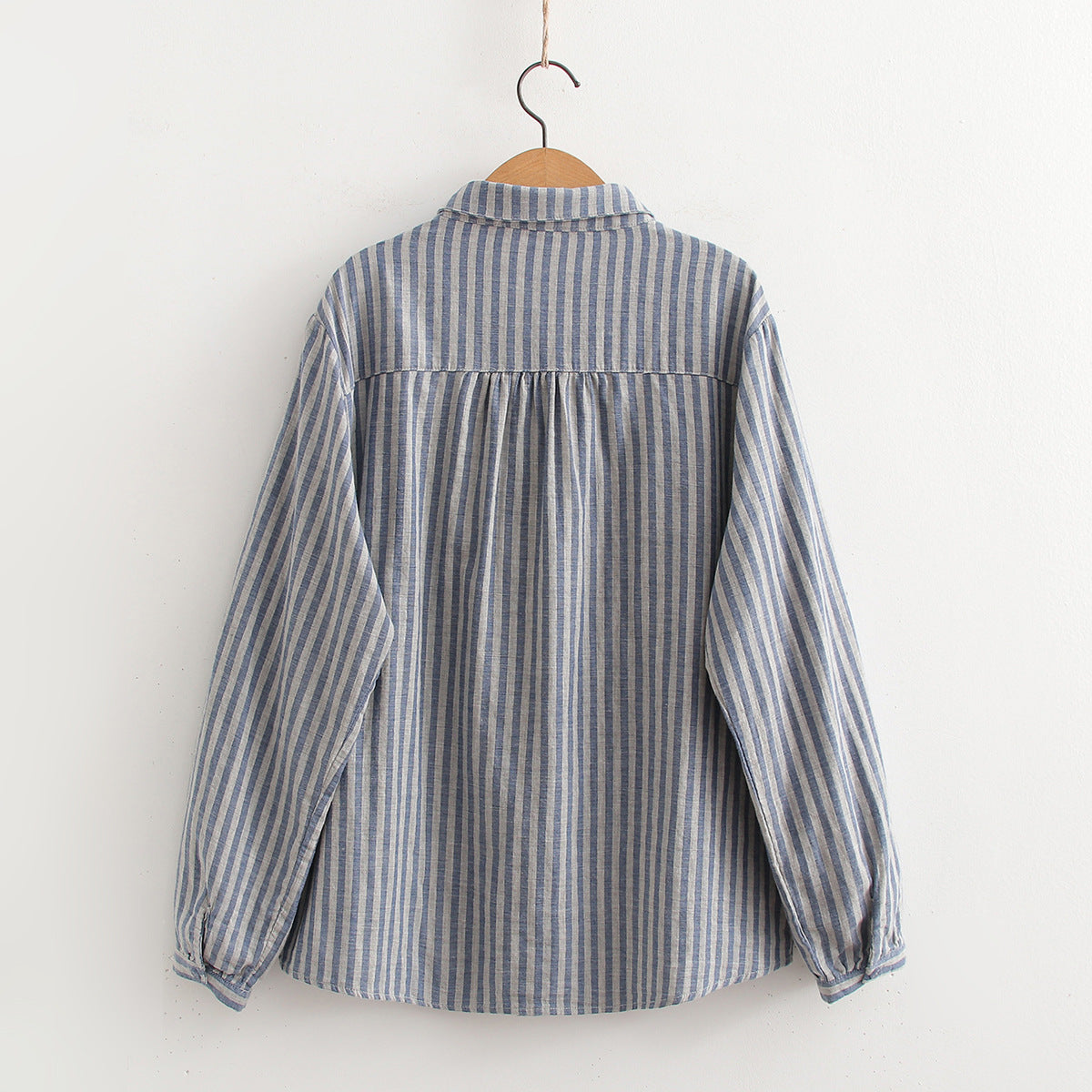 Korean-style Striped Cotton-linen Single-breasted Long-sleeve Shirt For Women