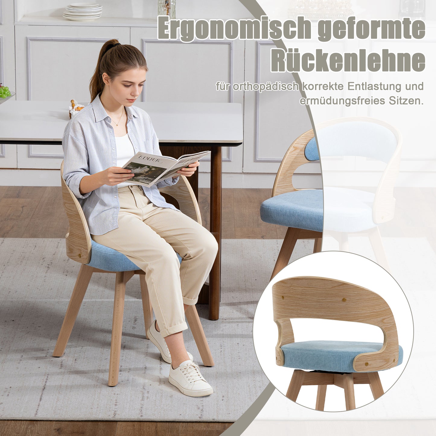 A Set Of Two Wooden Dining Chairs In A Modern Style, With Swivel Seats, Cotton Linen Seat Cushions And Curved Backrest, Accent Chairs For Kitchen, Cafe& Living Room  Blue Linen