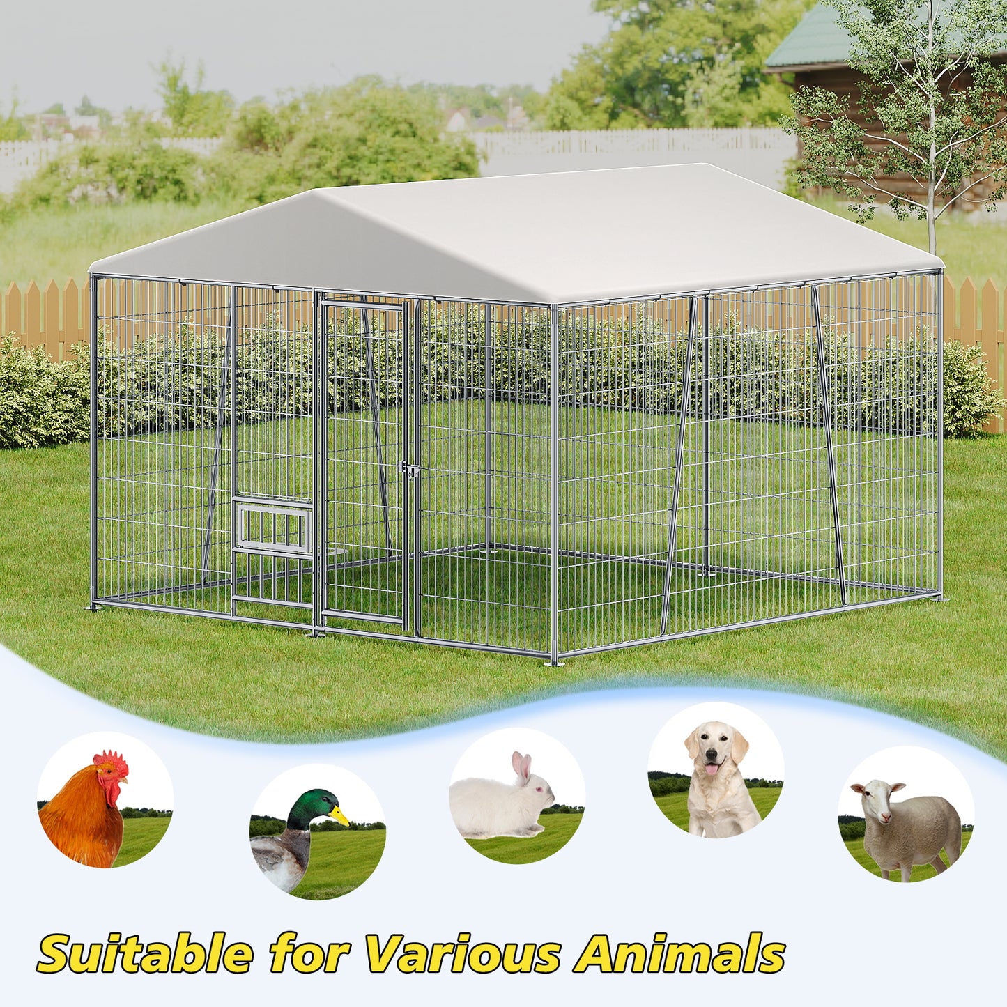 10 X 10-FT Heavy-duty Outdoor Dog Kennel With Feeding Bowl, Full Coverage Waterproof Roof, Easy-to-assemble Wire Mesh Fence With Secure Lock.