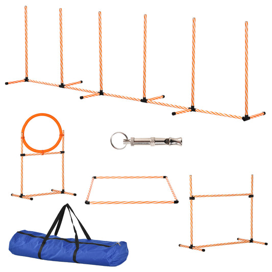 PawHut Dog Agility Equipment Pet Training Set With Adjustable Height Jump Ring Hurdle Whistle Weave Poles Square Pause Box Carry Bag