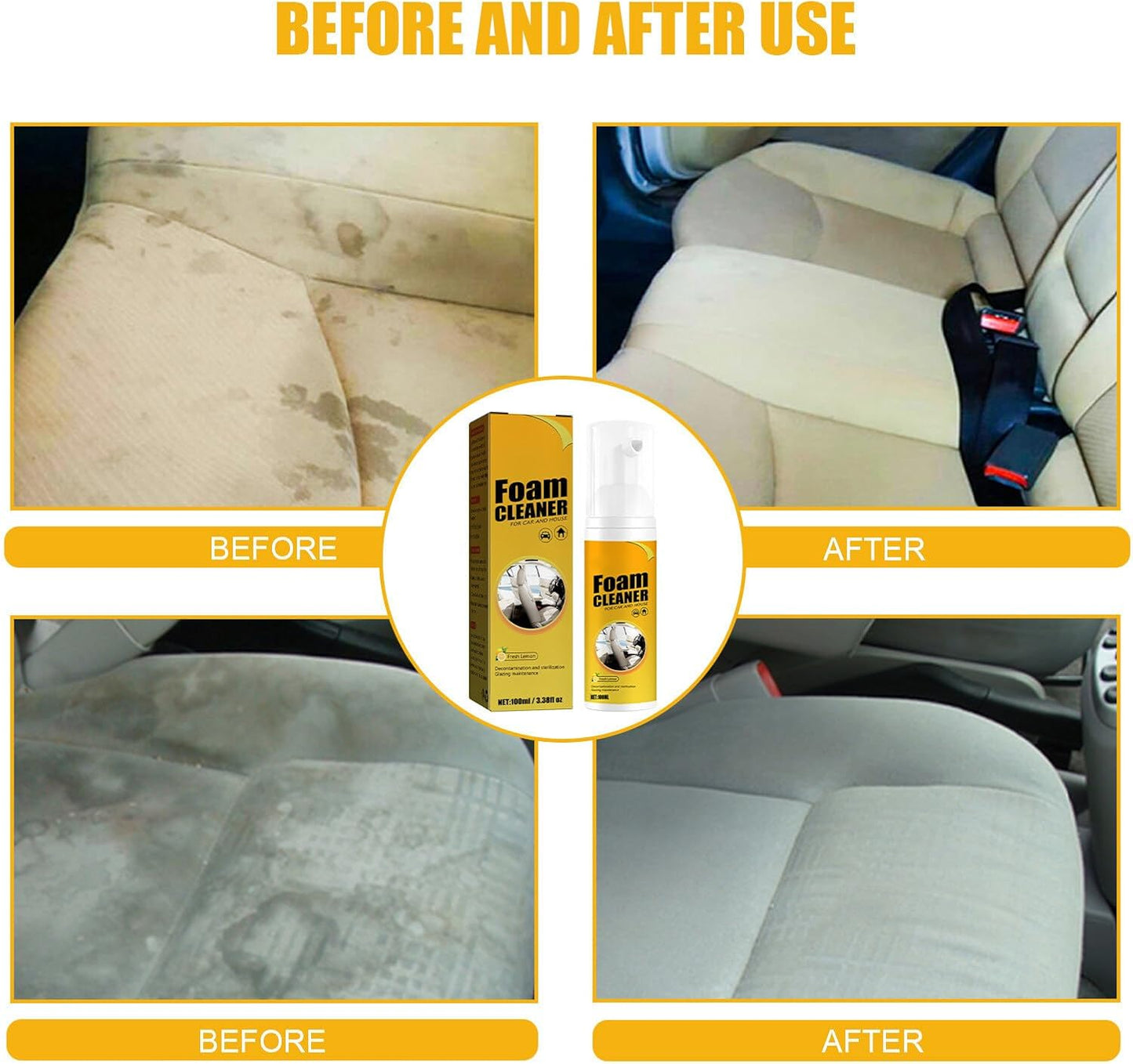2Pcs Multipurpose Foam Cleaner Spray 100ml, Foam Cleaner For Car And House Lemon Flavor, All-Purpose Household Cleaners For Car And Kitchen