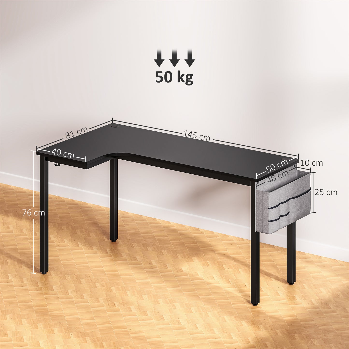 L-Shaped Computer Gaming Desk With Fabric Bag, Hooks And Cable Management, 145 X 81 X 76cm - Black
