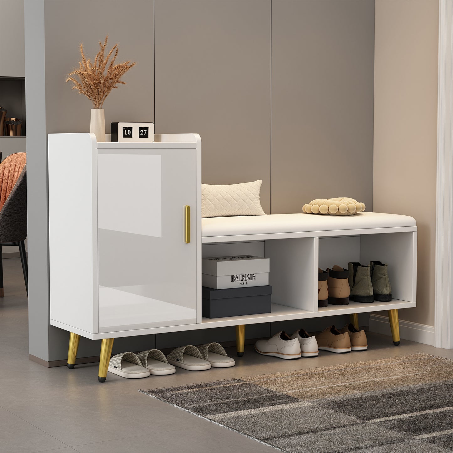 White High-gloss Cabinet Door With Storage Entrance Shoe Cabinet, Multi-level Shelf With Upholstered Seat, Shoe Changing Bench With Cabinet Gold Accessories For Entrance, Hallway, Living Room, Bedroom
