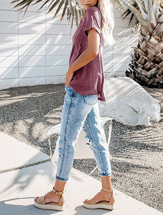 Women's Henley Neck Button Detail Curved Hem Pocket Decor Casual Short Sleeve T-Shirt