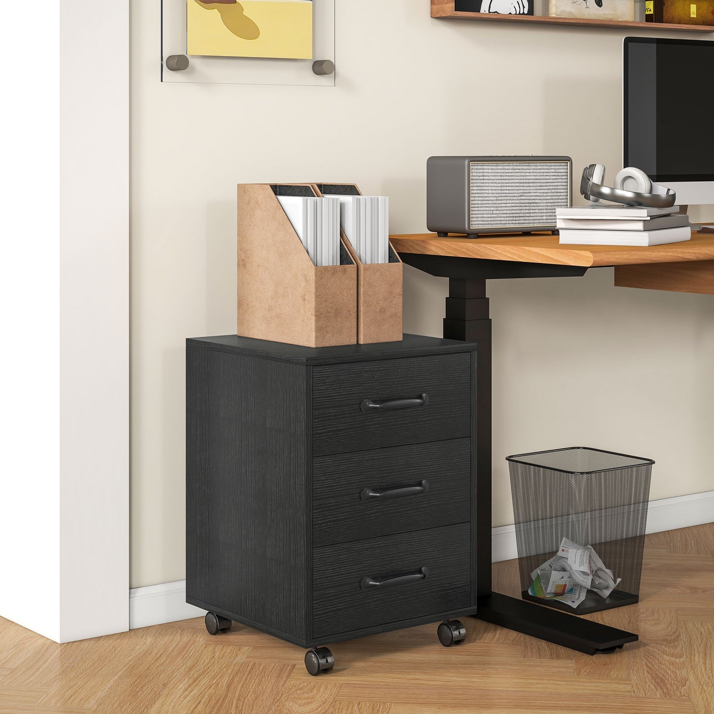 3 Drawer File Cabinet, Mobile Filing Cabinet On Wheels For Home Office, Study, Black