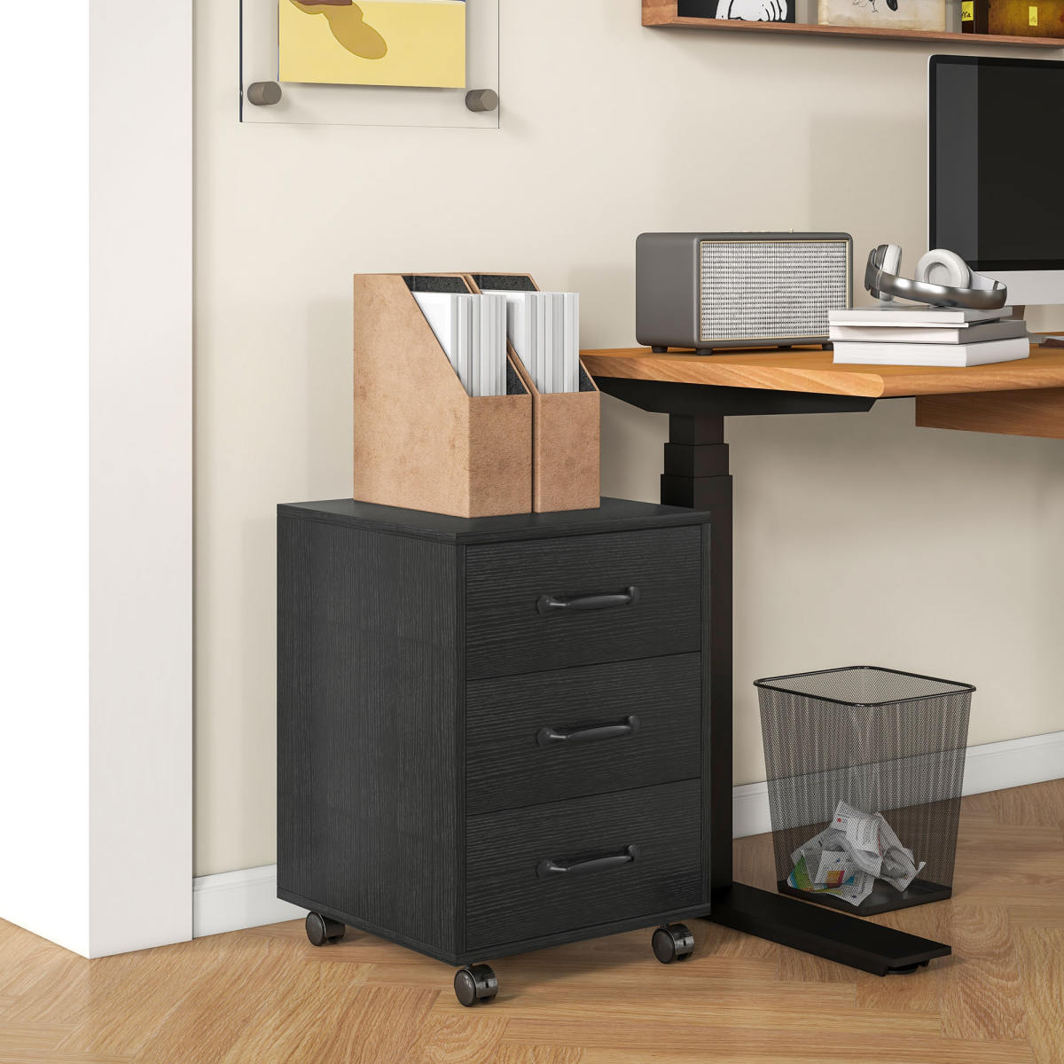 3 Drawer File Cabinet, Mobile Filing Cabinet On Wheels For Home Office, Study, Black