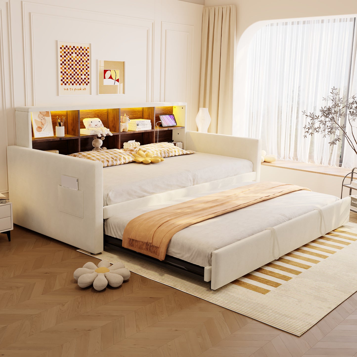 Upholstered Bed Sofa Bed 90x190cm, Headboard With Integrated Storage Compartments, LED Light Strip And Charging Sockets, With Pull-out Bed, Velvet Upholstery, Beige