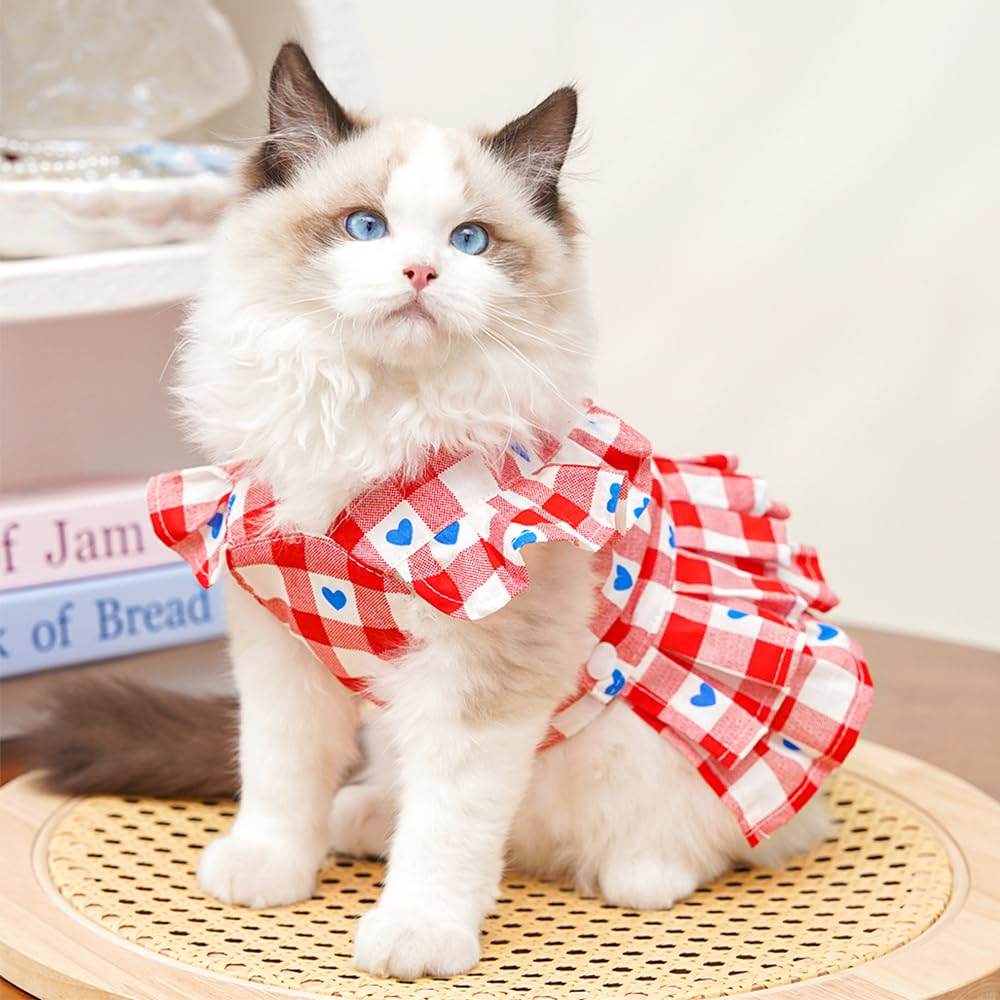 Red Plaid Small Dog Dress Girl Spring Cat Clothes With Heart Pattern Summer Pet Dresses For Dogs Cats Cute Puppy Outfit For Small Dog With Leash Ring