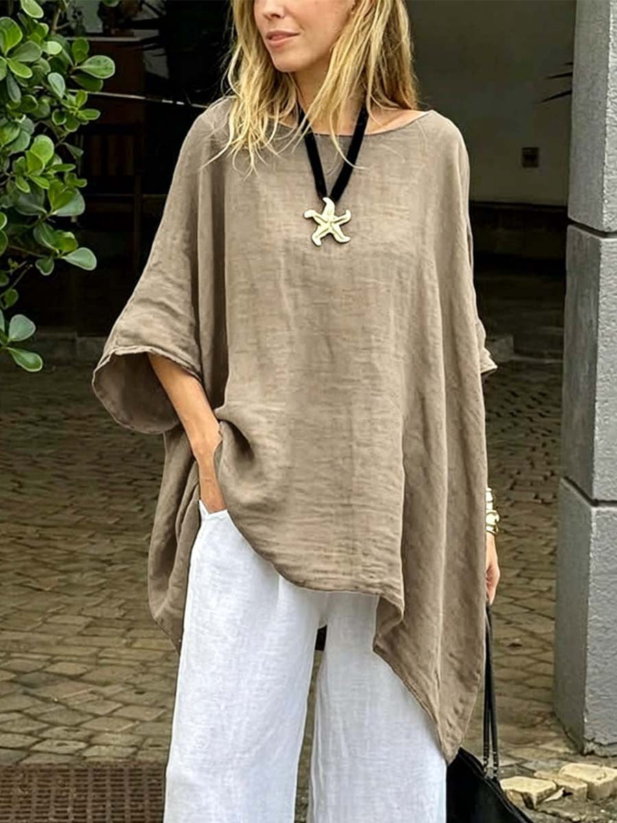 Womens Irregular Fashion Solid-Color Round-Neck Casual Top