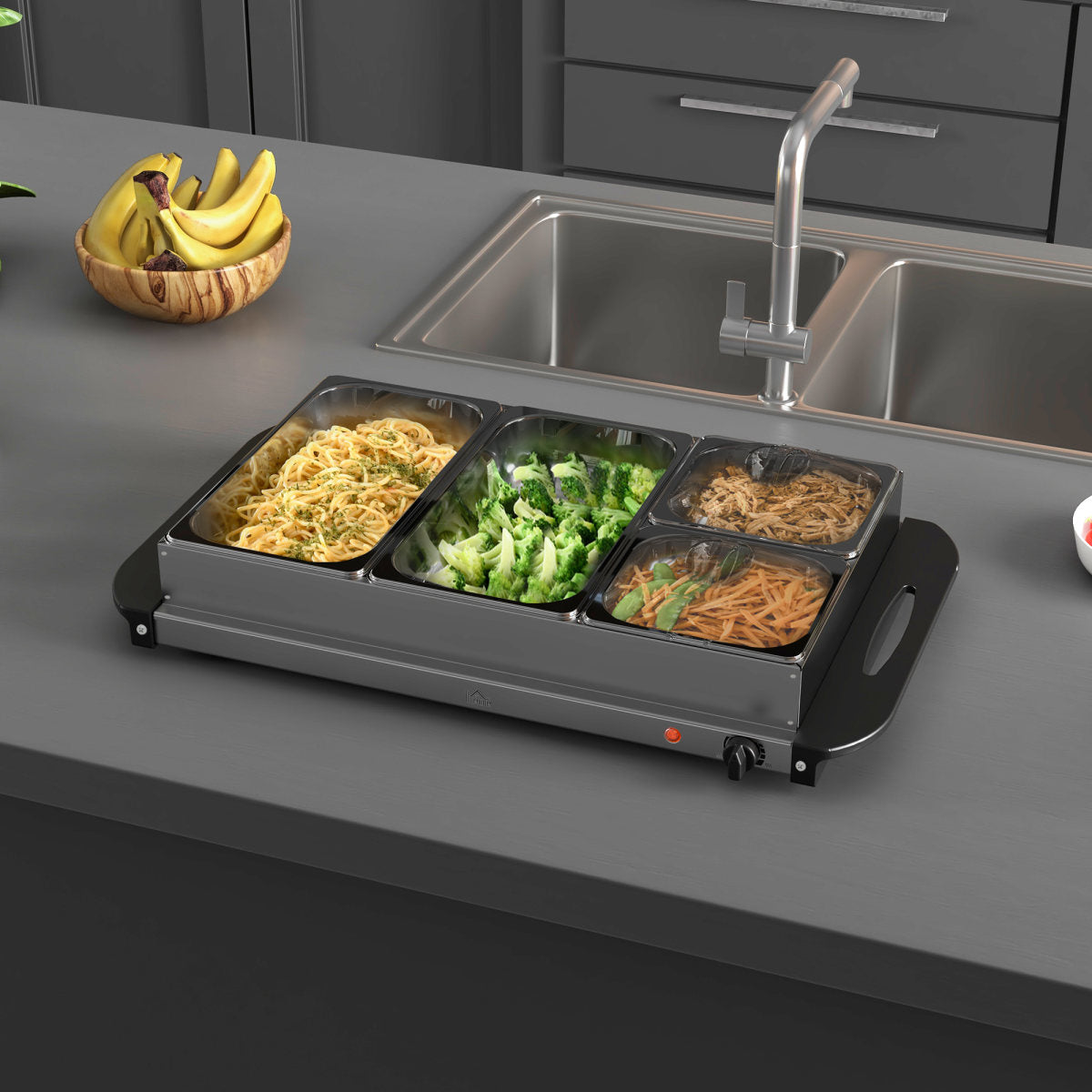 4 Tray Electric Food Warmer Buffet Server With Warming Plate, Cool Touch Handles, Adjustable Temperature, 300W, 2 X 2.4L And 2 X 1L Pans