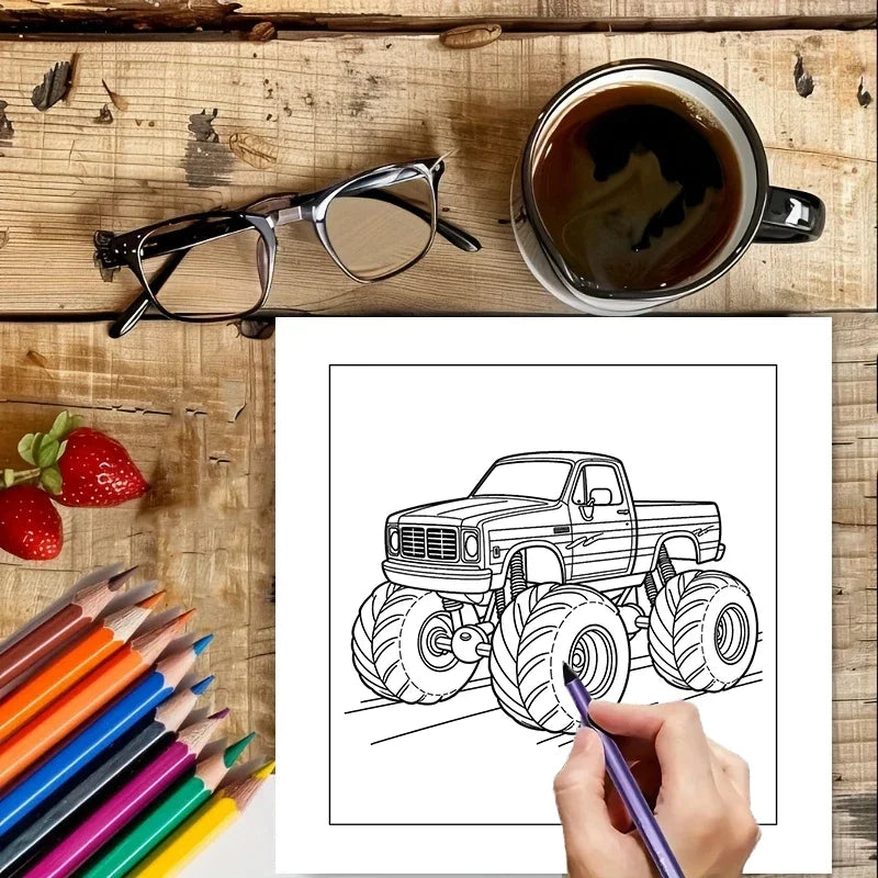 Monsters Trucks 28 Pages Coloring Book Coloring Book For Adult Stress Reduction Colouring Book Valentine's Day Gifting, Birthday Party Gift, Drawing Supplies, Christmas Gift, Back To School Supplies